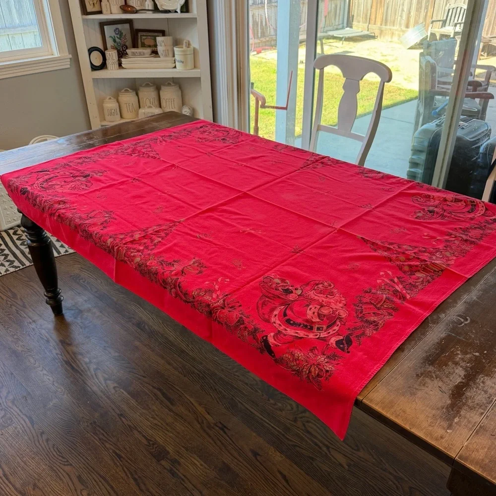 Vintage MCM Christmas Tablecloth Bright Red Santa Christmas Tree Gifts 48x60 GUC